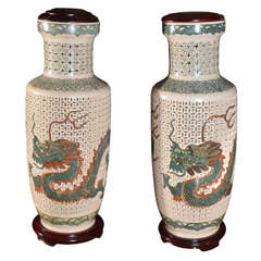 Pair, reticulated Asian Brides Jars as Lamps