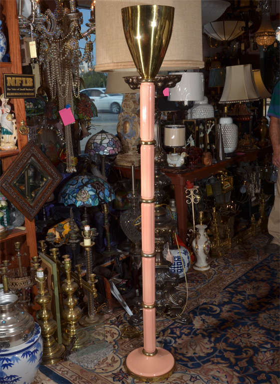 Pink Porcelain Base and stem, Hollywood Regency Torchiere Floor Lamp with Brass Fittings.