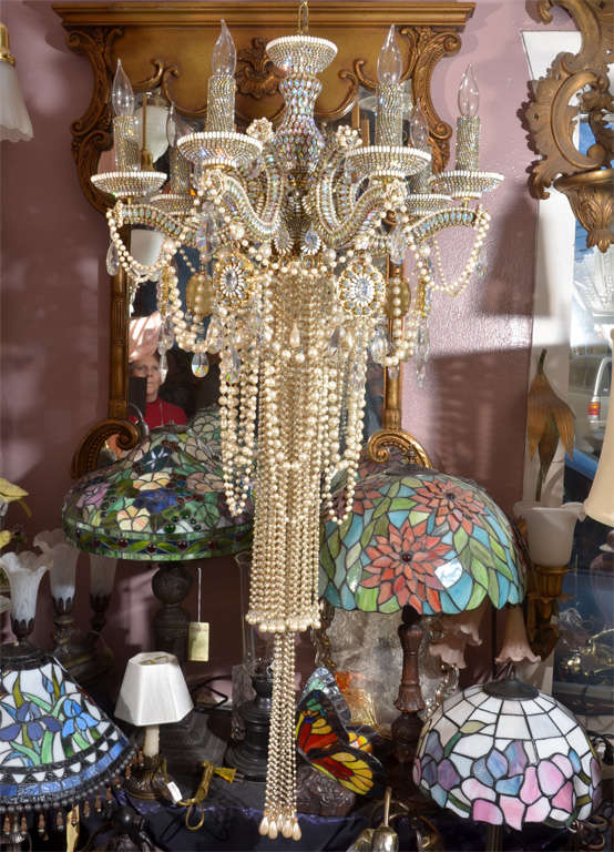 Custom Chandelier by Erickson Beamon design team, on a vintage, Maria Theresa chandelier frame (from 1930\'s).Hand-tied Japanese glass pearls,Swarovski crystals,Vintage Cameos, designed and meticulously completed by hand, as a piece of jewelry, from