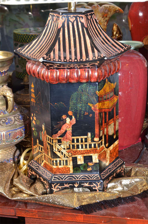 Hand Carved and Hand Painted Lacquer on wood table lamp base,  Beautiful Asian Design, shown with a Ivory colored silk lamp shade, custom trimmed to complement the lamp.  Lamp base is six sided polygon. Shade is 18