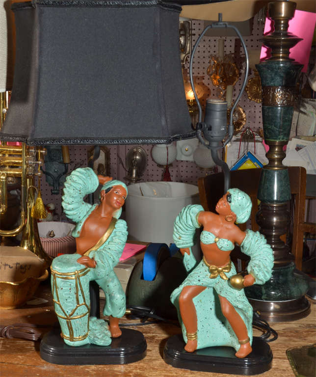 Pair, Whimsical, Stylized Cuban Muscian/Dancer Figures, as table Lamps, Custom made (mounted and electrified) by Brady\\\'s. Shown with Black Silk, Rectangle Lamp Shade with rounded out ends that repeat the shape of the base.  Priced with these