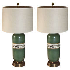 Pair, Green Porcelain, 1950
s Table Lamps