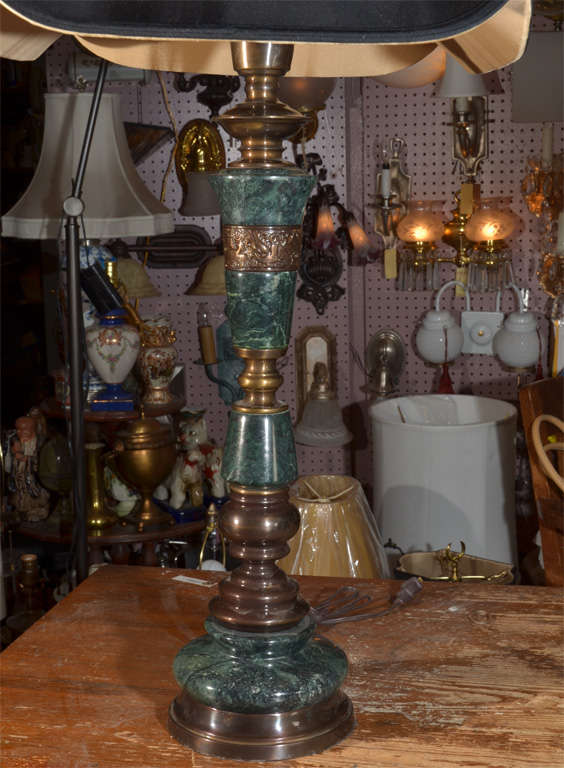 Pair, Asian,Bronze with green marble inserts as table lamps.  Imported from Japan after WWII.  Shown with black Pagoda Lamp Shade (not included). Priced at $1500.00 each