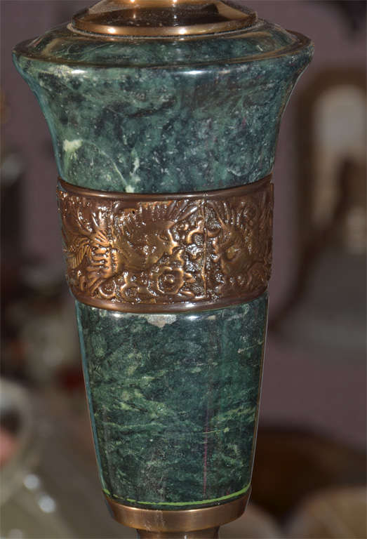 Pair, Asian Bronze with green marble inserts. For Sale 3