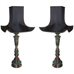 Pair, Asian Bronze with green marble inserts.