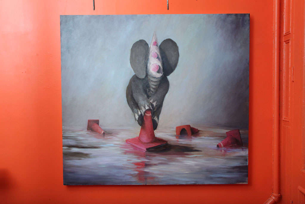 Playful image of an elephant balancing on a traffic cone, floating on water. A bold and moving image, signed on reverse.