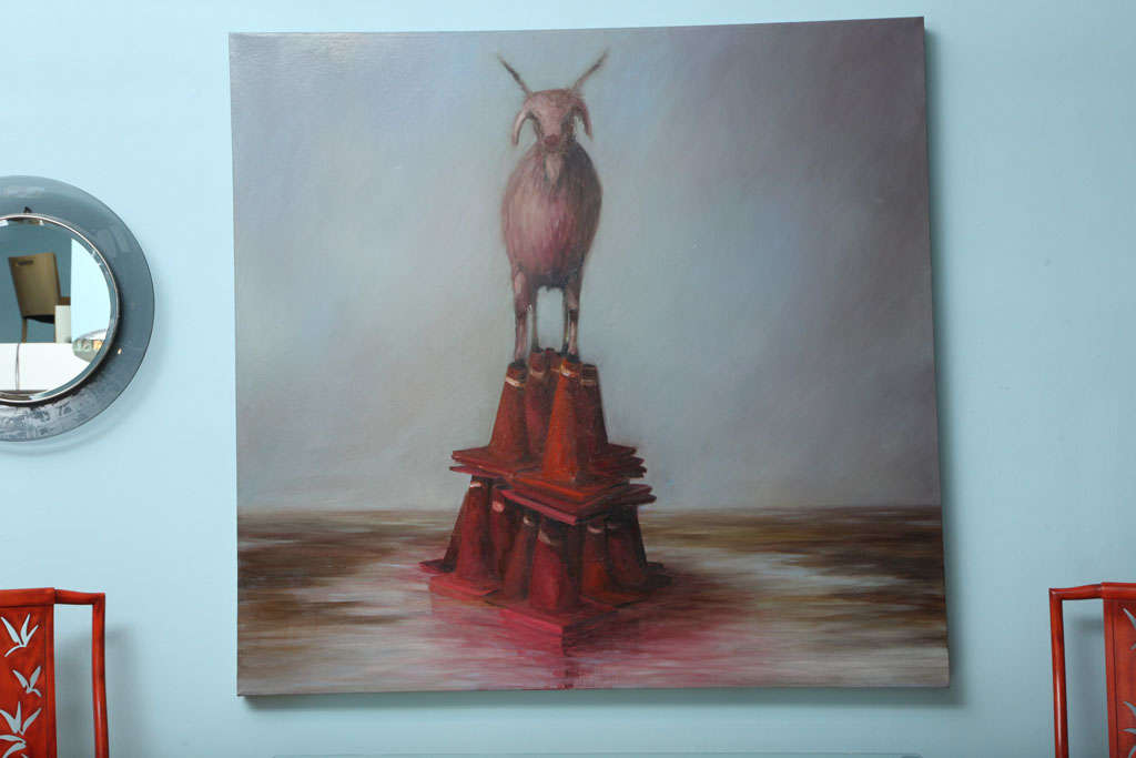 Large-scale painting depicting a goat atop a stack of traffic cones, with luminous water and sky.