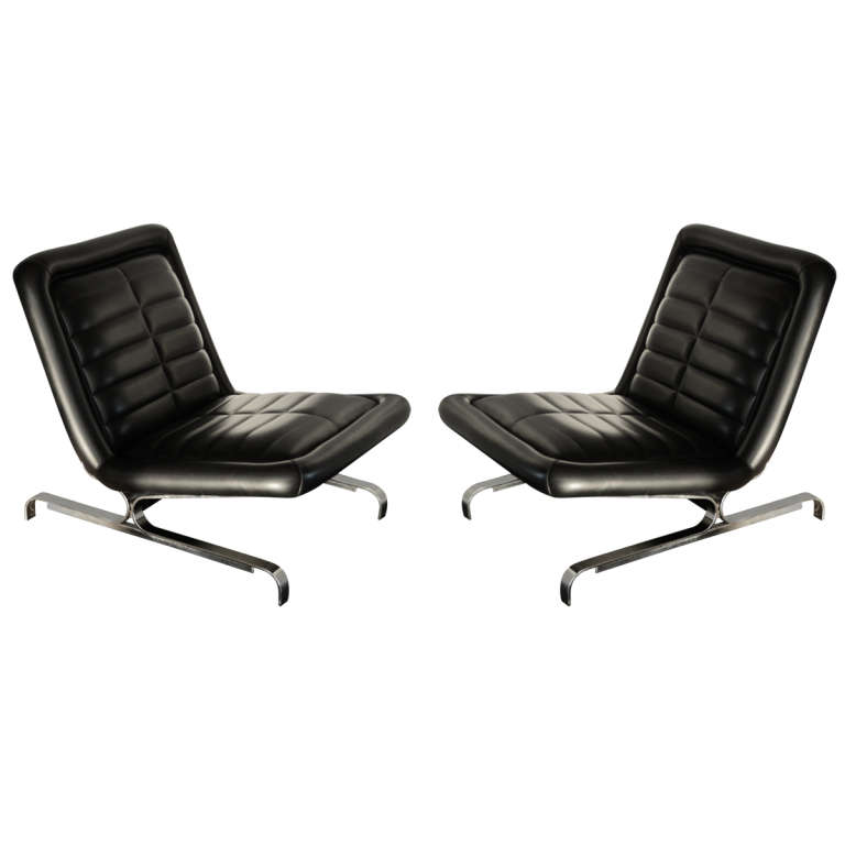Pair of Chrome and Leather Channel Lounge Chairs For Sale