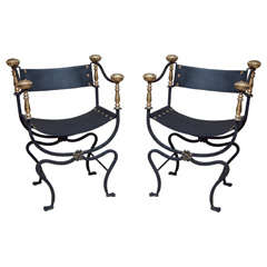 Pair Iron and Brass Chairs in the Renaissance Style