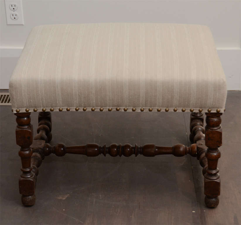 Walnut Stool with Striped Upholstery