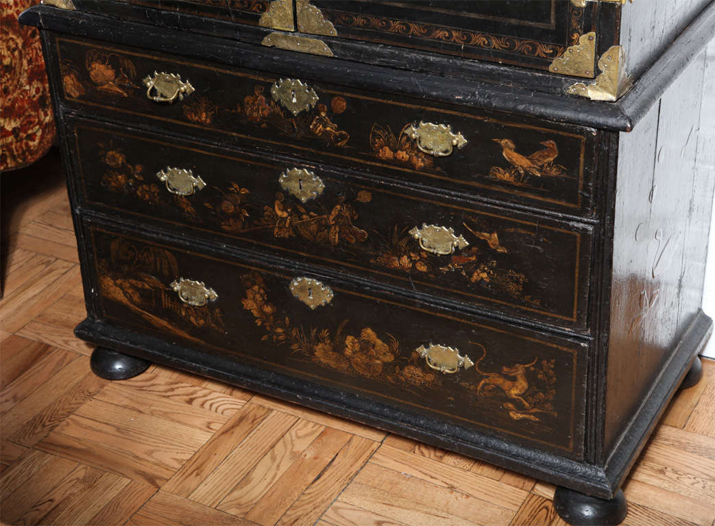 Painted A George I Parcel-Gilt Decorated Black Japanned Cabinet on Chest