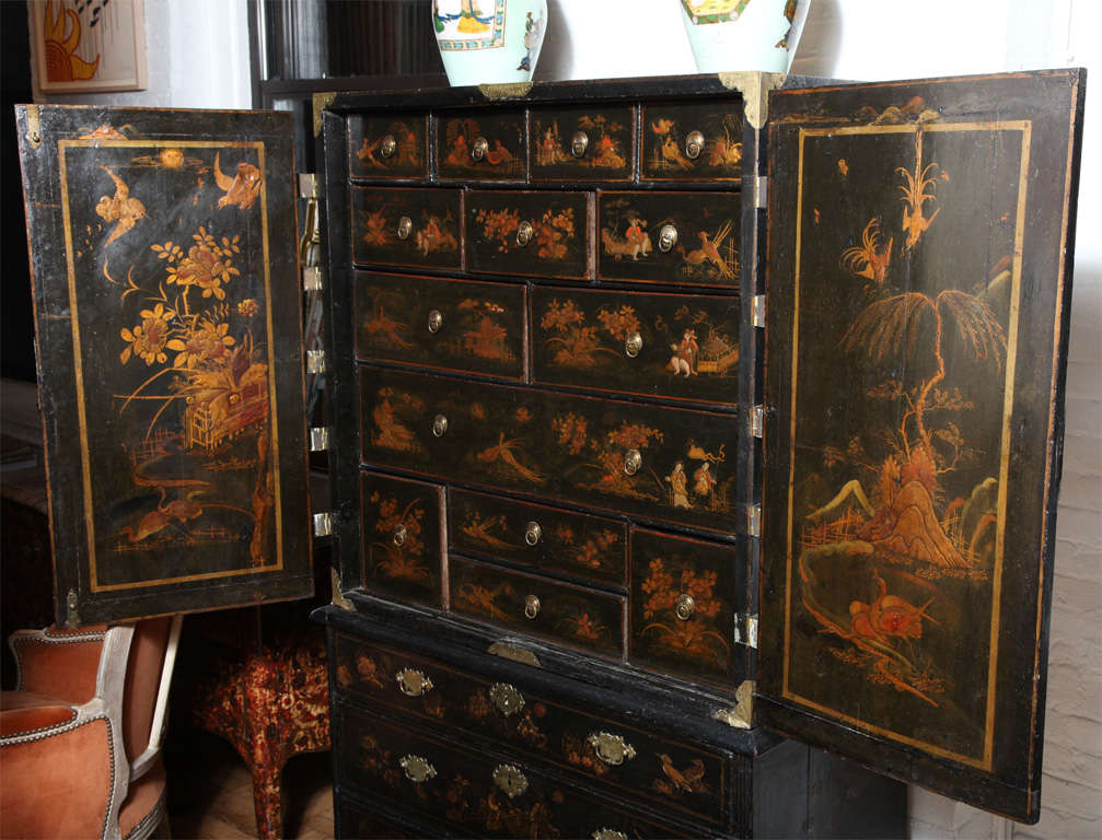 A George I Parcel-Gilt Decorated Black Japanned Cabinet on Chest 2