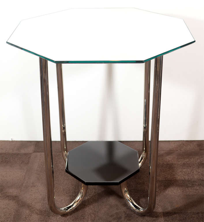 Octagon Mirrored Top, Black Lacquer Lower Tier,<br />
and Stylized Nickeled Legs