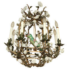 19 Century French Cage Shape Bronze And Porcelain Chandelier