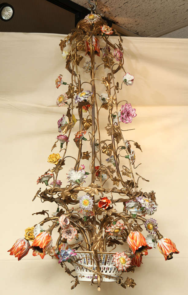French Porcelain And Bronze Basket Shape Chandelier