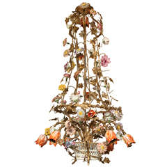 French Porcelain And Bronze Basket Shape Chandelier