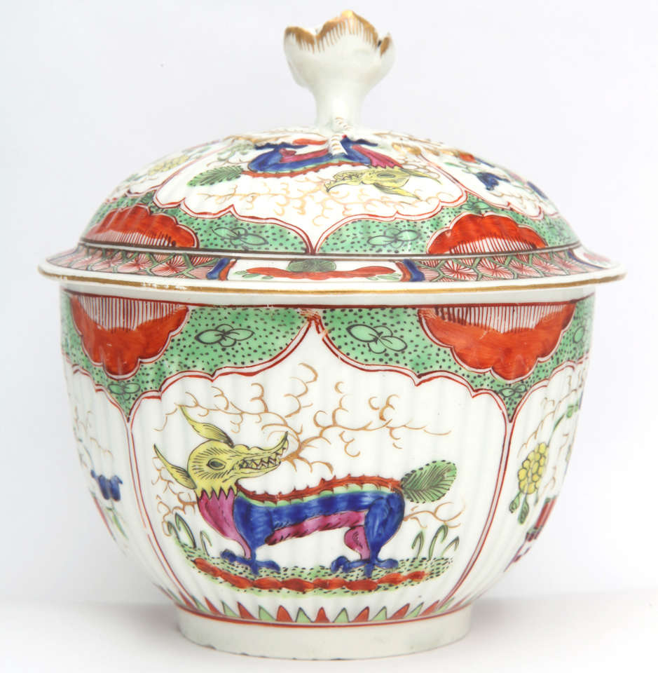 A rare First Period Worcester porcelain finely ribbed covered sugar bowl painted in the Bengal Tyger pattern