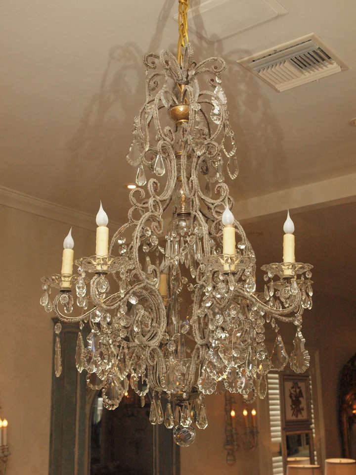 19th Century six-light Italian chandelier with beaded arms and US wiring.