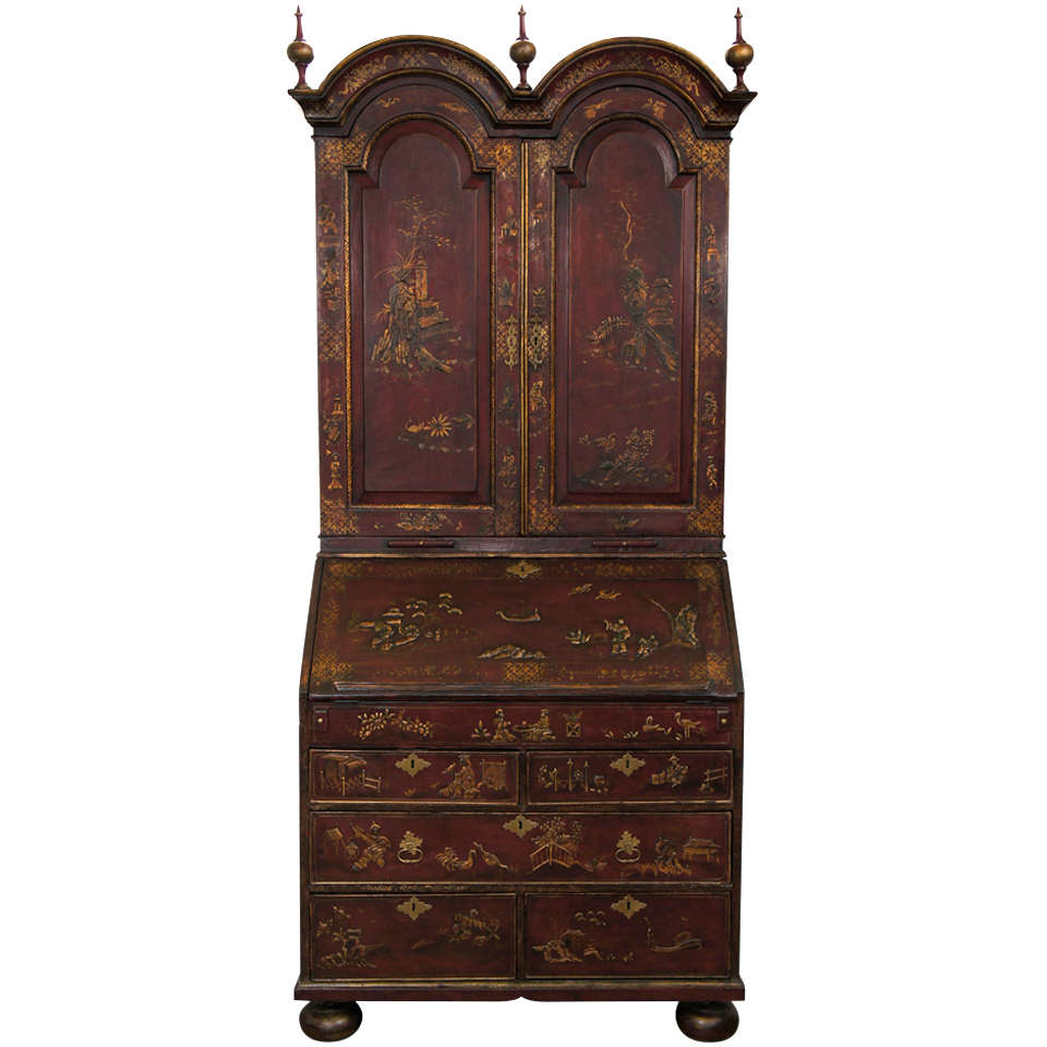 18th Century English Red Lacquer Double-Domed Bureau Bookcase For Sale