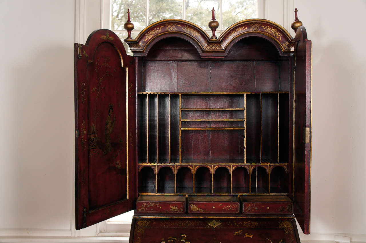 Queen Anne 18th Century English Red Lacquer Double-Domed Bureau Bookcase For Sale