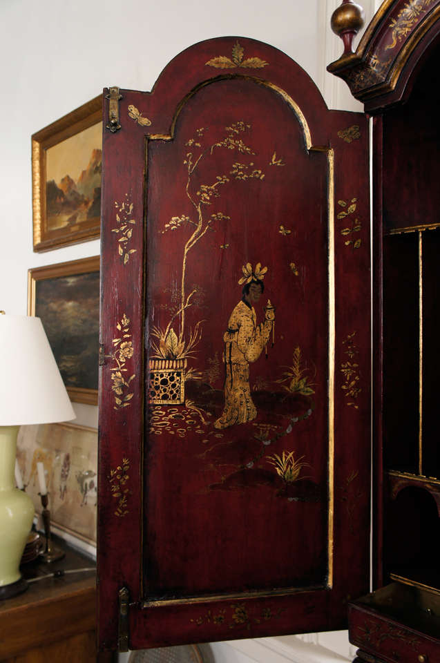 British 18th Century English Red Lacquer Double-Domed Bureau Bookcase For Sale