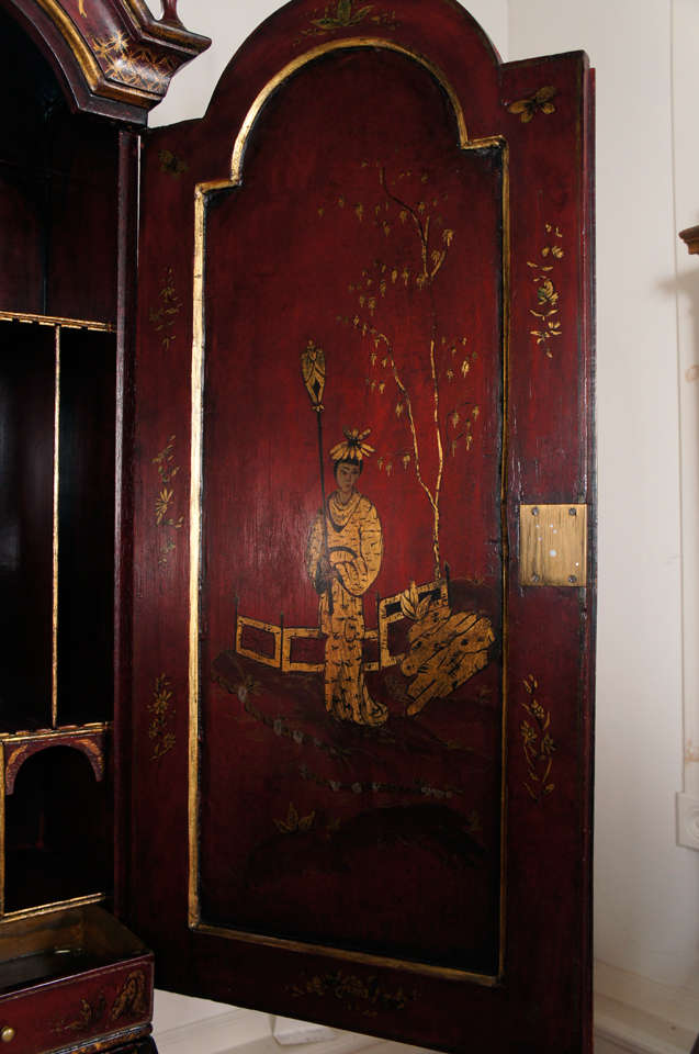 Gilt 18th Century English Red Lacquer Double-Domed Bureau Bookcase For Sale