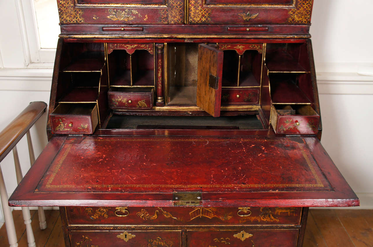 18th Century English Red Lacquer Double-Domed Bureau Bookcase In Good Condition For Sale In Millbrook, NY