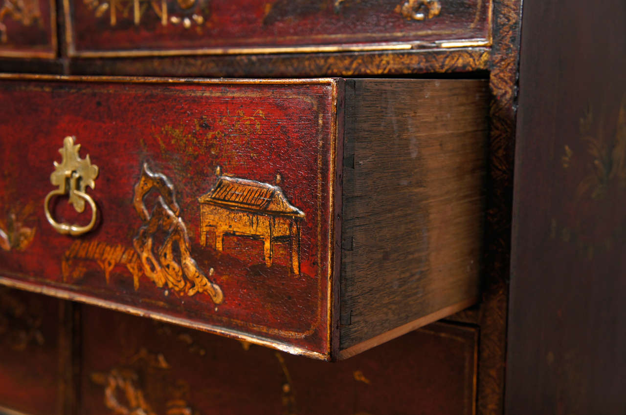 18th Century English Red Lacquer Double-Domed Bureau Bookcase For Sale 1