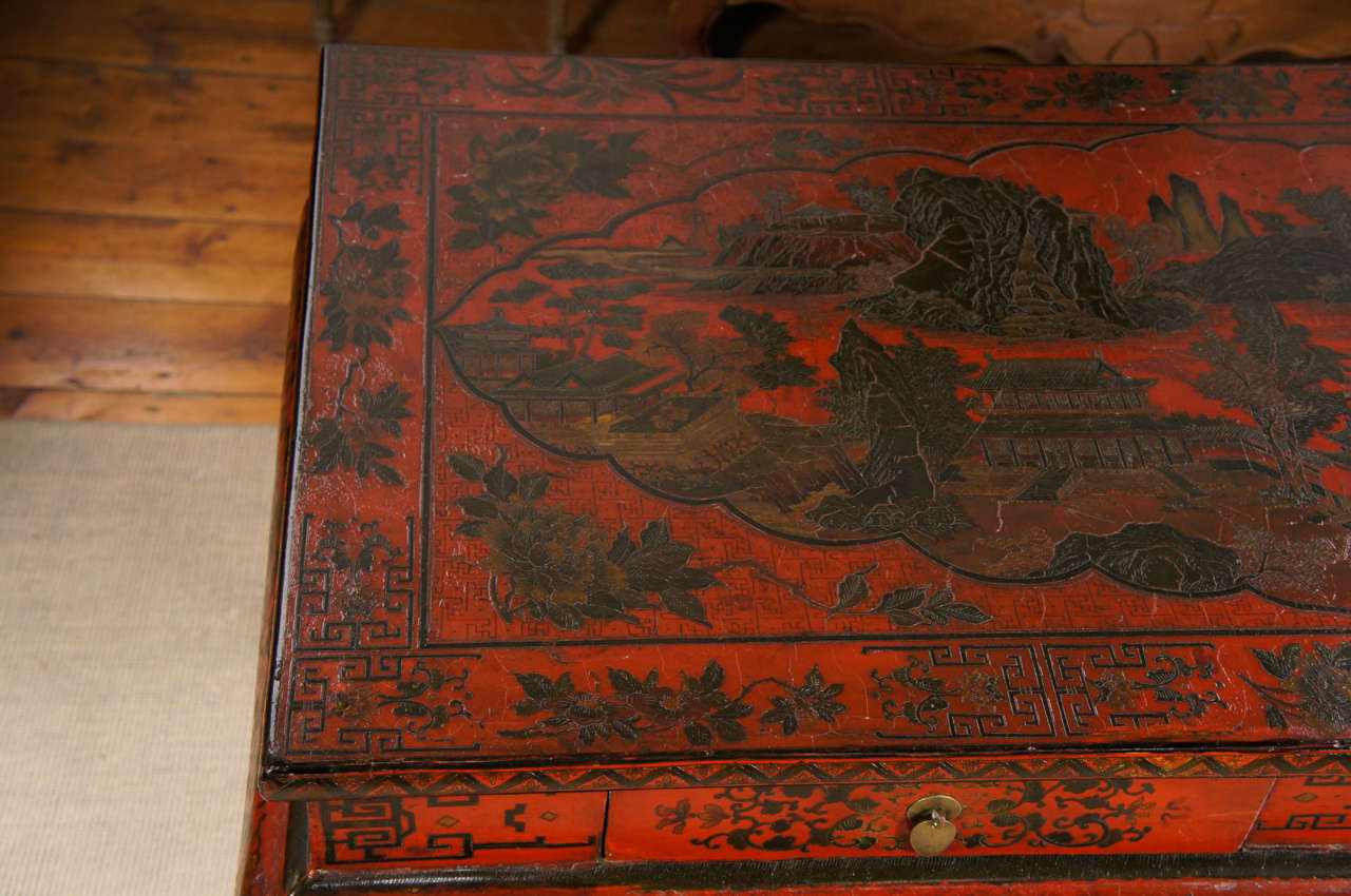 Carved Chinese Red Lacquer Console Table For Sale