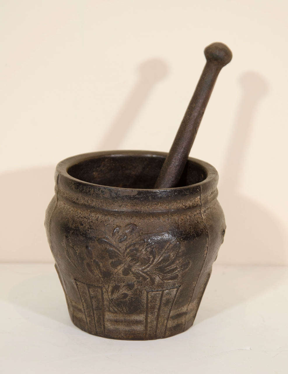 An artfully decorated 19th Century medicinal mortar and pestle. A great desk accessory. From China, Shanxi Province, circa 1850.