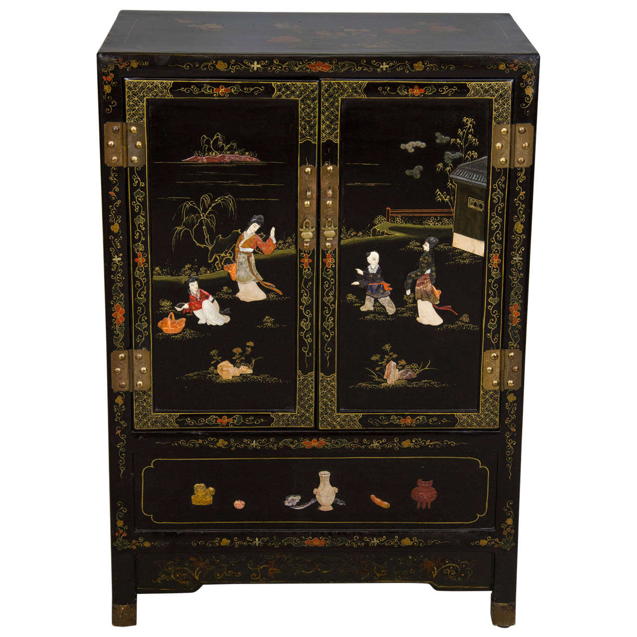 Japanese Black Lacquer Side Cabinet For Sale
