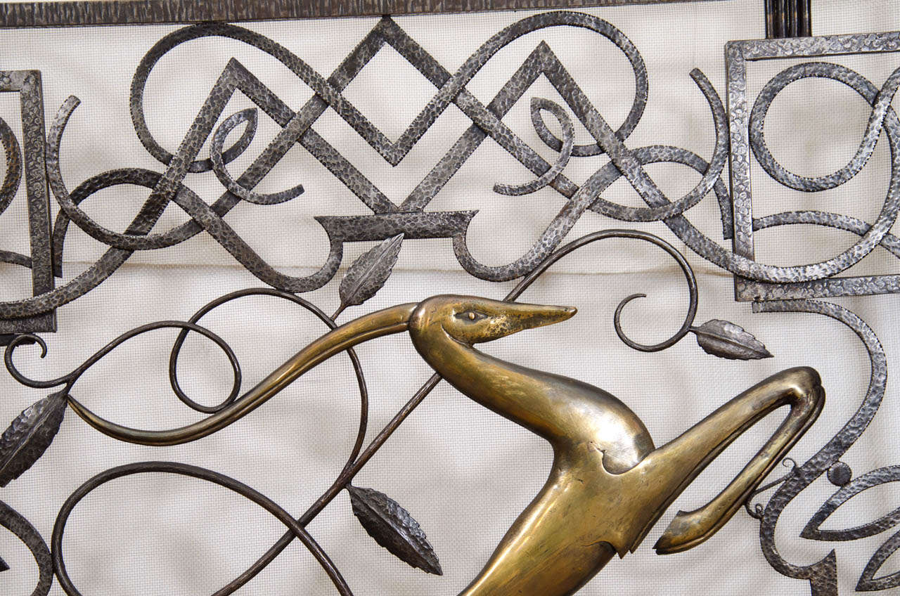 French Art Deco Fire Screen with Gazelle and Carved Iron