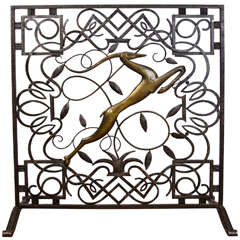 Antique Art Deco Fire Screen with Gazelle and Carved Iron