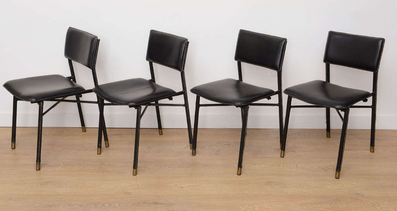 Mid-Century Modern Four Hand Stitched Black Leather Chairs by Jacques Adnet