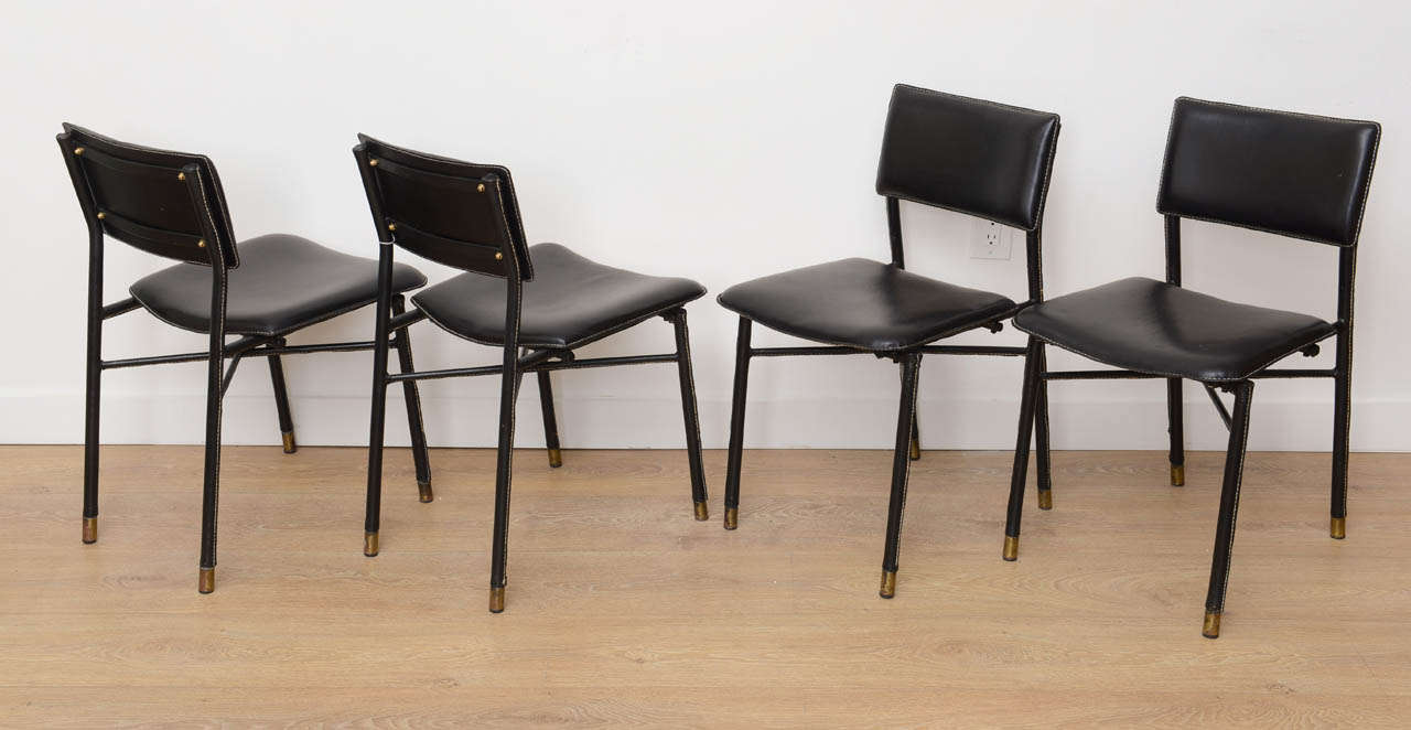Four Hand Stitched Black Leather Chairs by Jacques Adnet 1