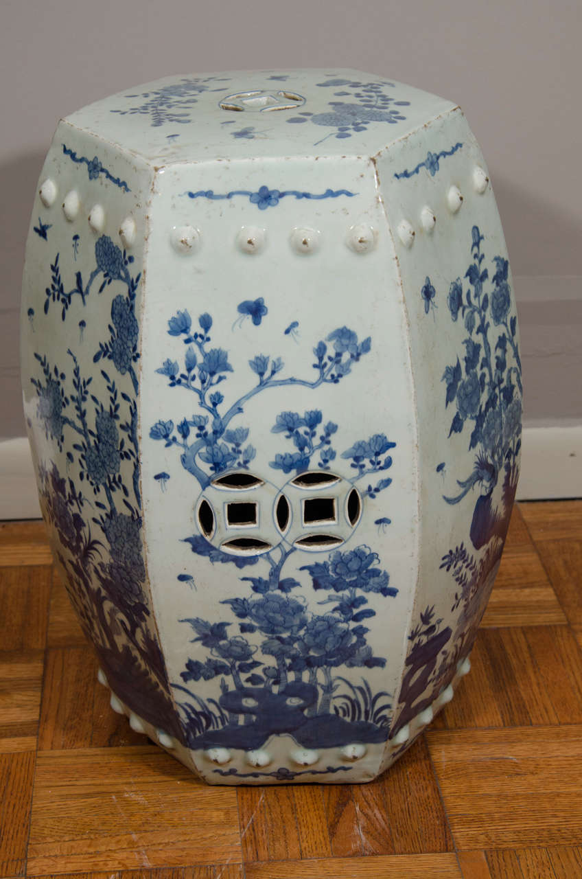 Blue and white Chinese porcelain hexagonal stool. 20th Century