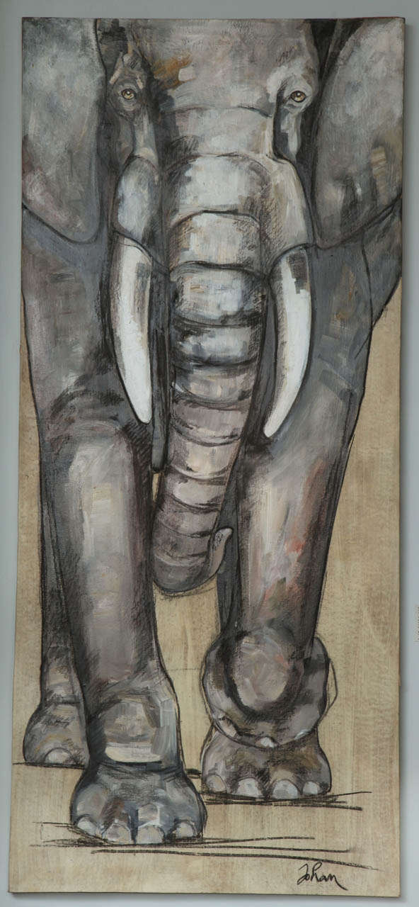Striking painting of a charging elephant by Michele Johan on prepared canvas mounted on wooden stretcher.  Johan was a French 20th Century artist who specialized in wild animal paintings and sketches, and who spent extensive time in Africa studying
