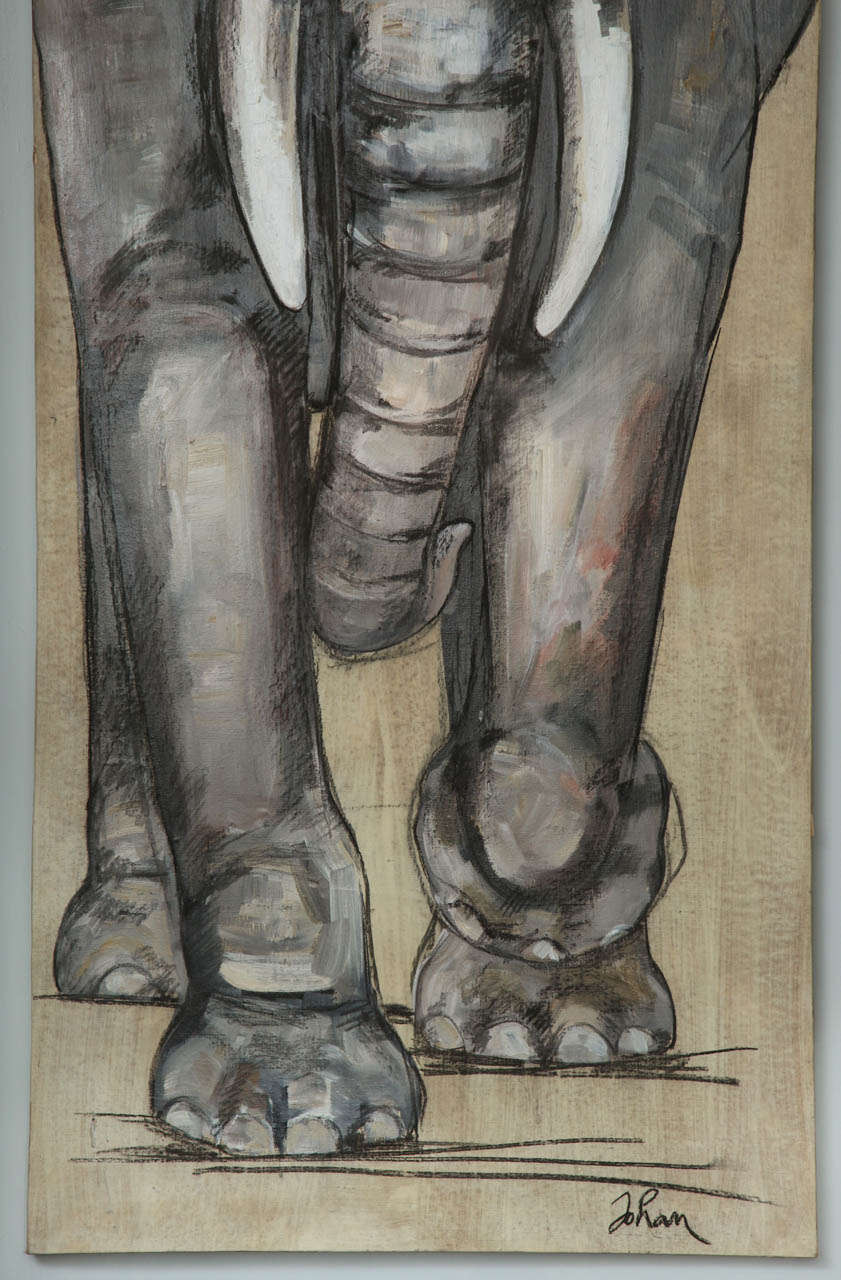 Striking Painting of Charging Elephant In Excellent Condition In Greenwich, CT