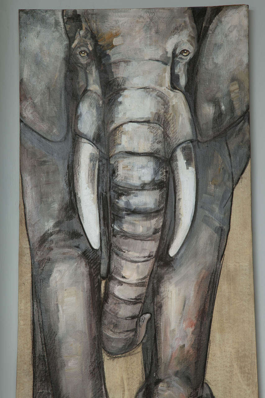 Late 20th Century Striking Painting of Charging Elephant