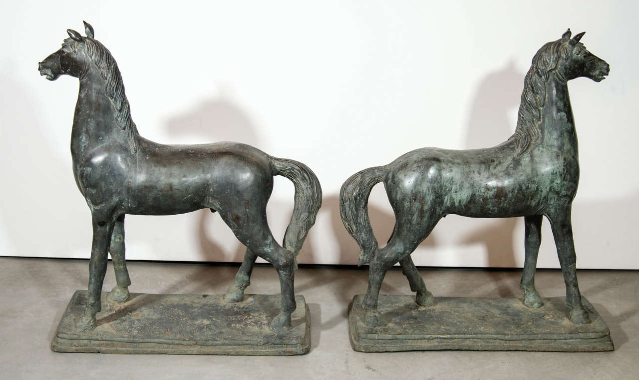 Bronze Paire de sculptures anciennes de chevaux en bronze en vente