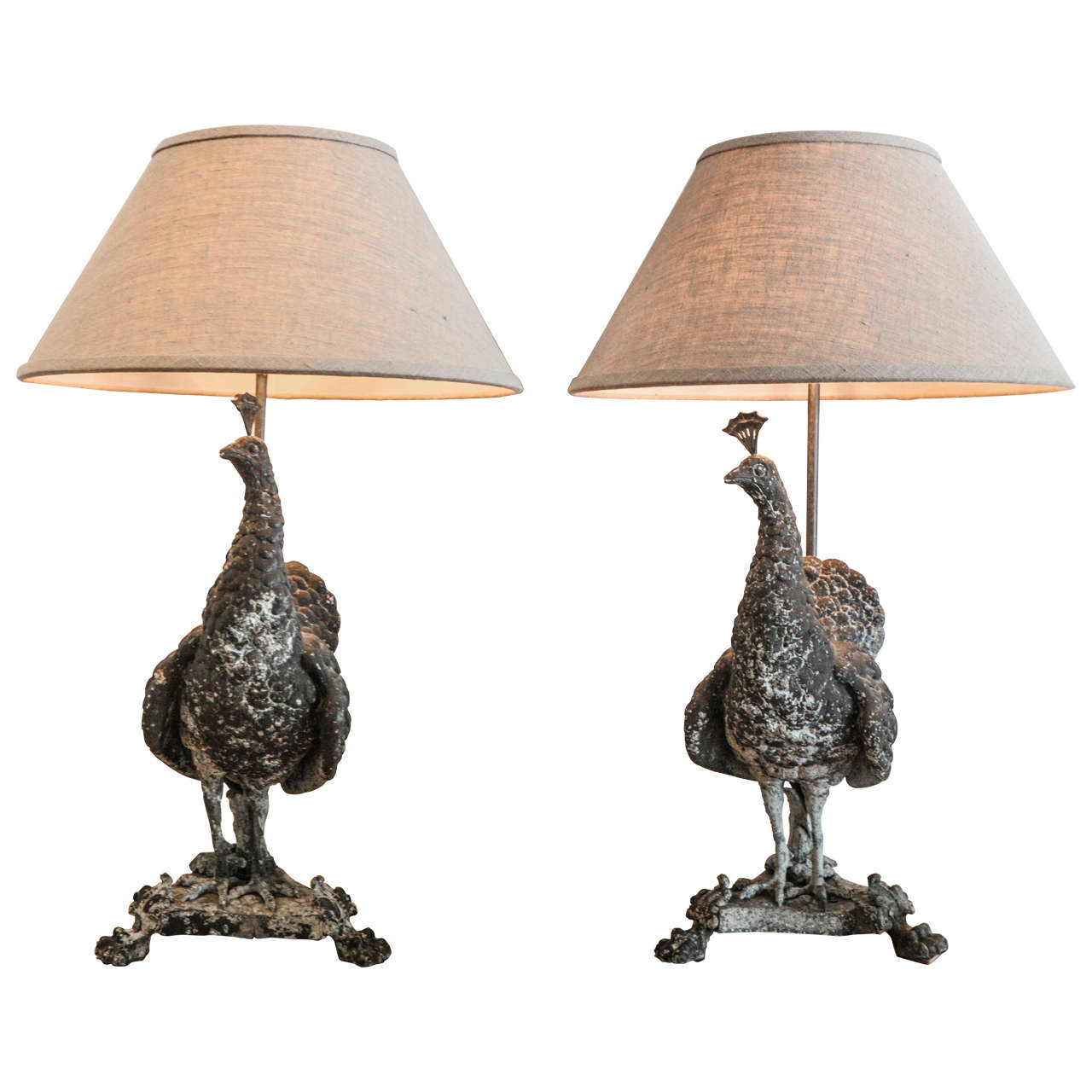 Pair of Metal Peacock Lamps, France, Late 19th Century