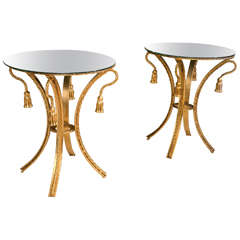 Pair of Tassel Form Mirror Top Brass Rope Edge End Tables / Side Tables
