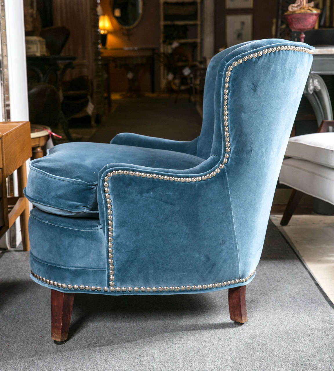 Blue Velour Art Deco Style Mid-Century Modern Chairs In Good Condition In Stamford, CT