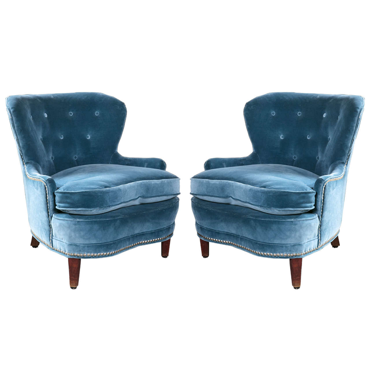 Blue Velour Art Deco Style Mid-Century Modern Chairs