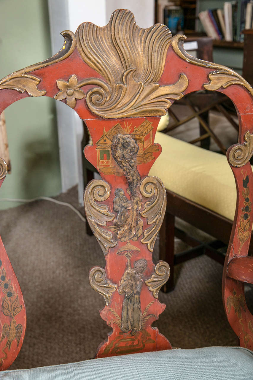 Italian Early 19th Century Red Painted Chinoiserie Continental Bench