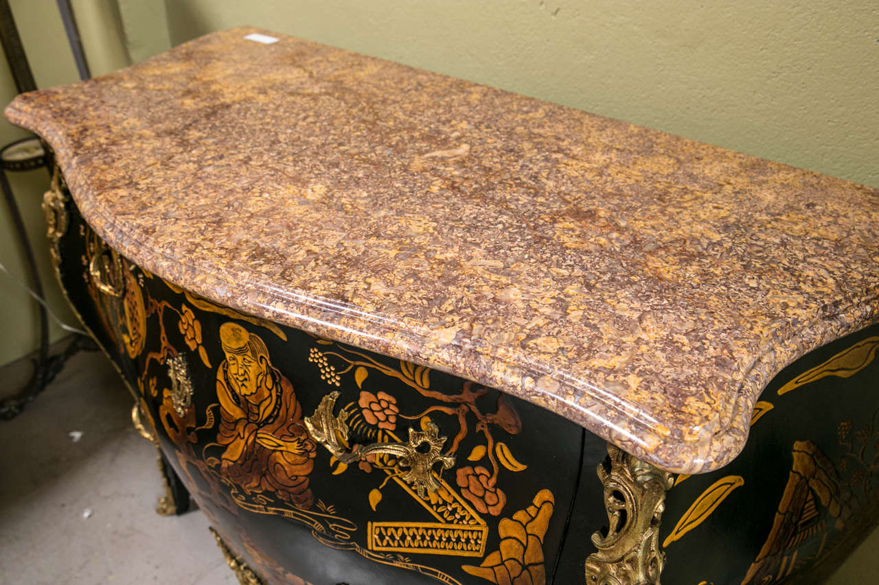 Pair of Marble-Top Chinoiserie Bronze-Mounted Commodes / Dresser Possibly Jansen In Good Condition In Stamford, CT