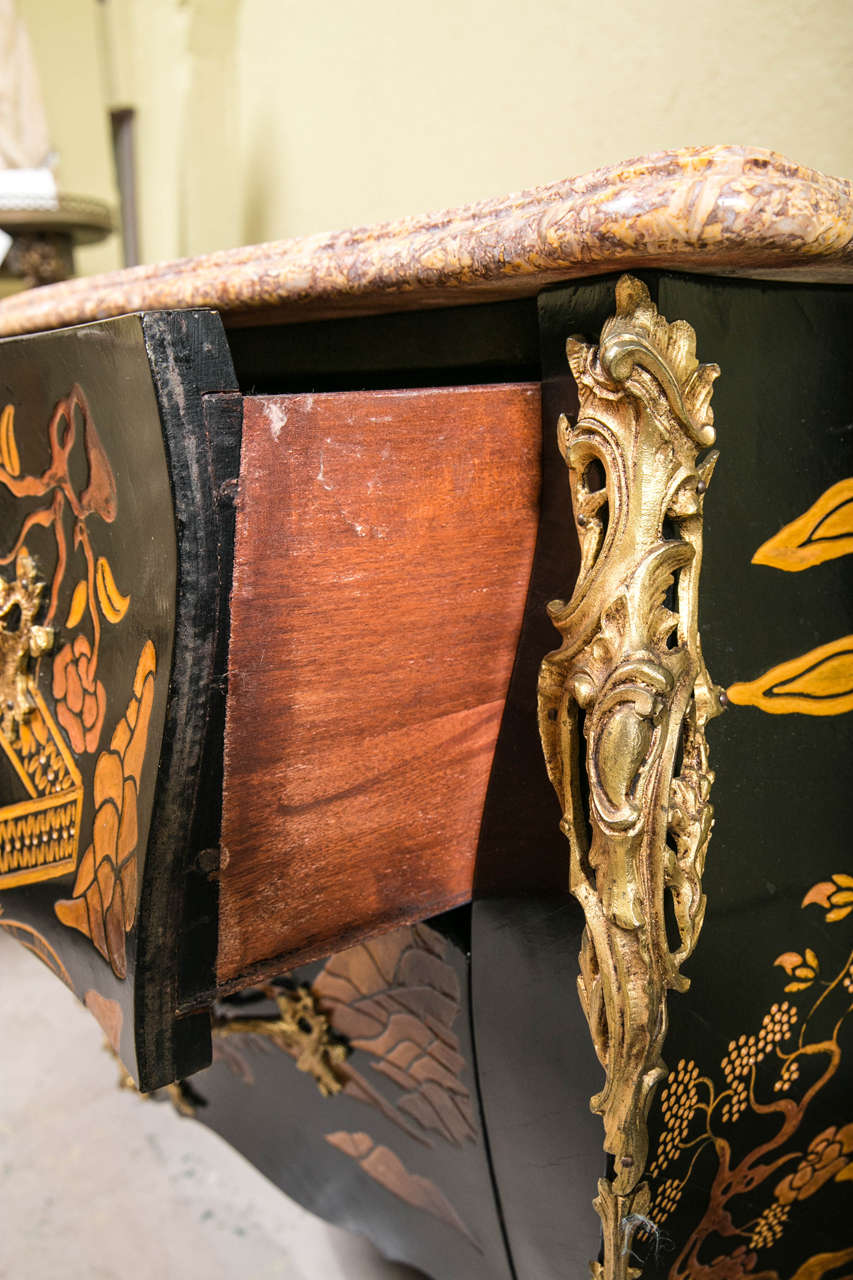 Mid-20th Century Pair of Marble-Top Chinoiserie Bronze-Mounted Commodes / Dresser Possibly Jansen
