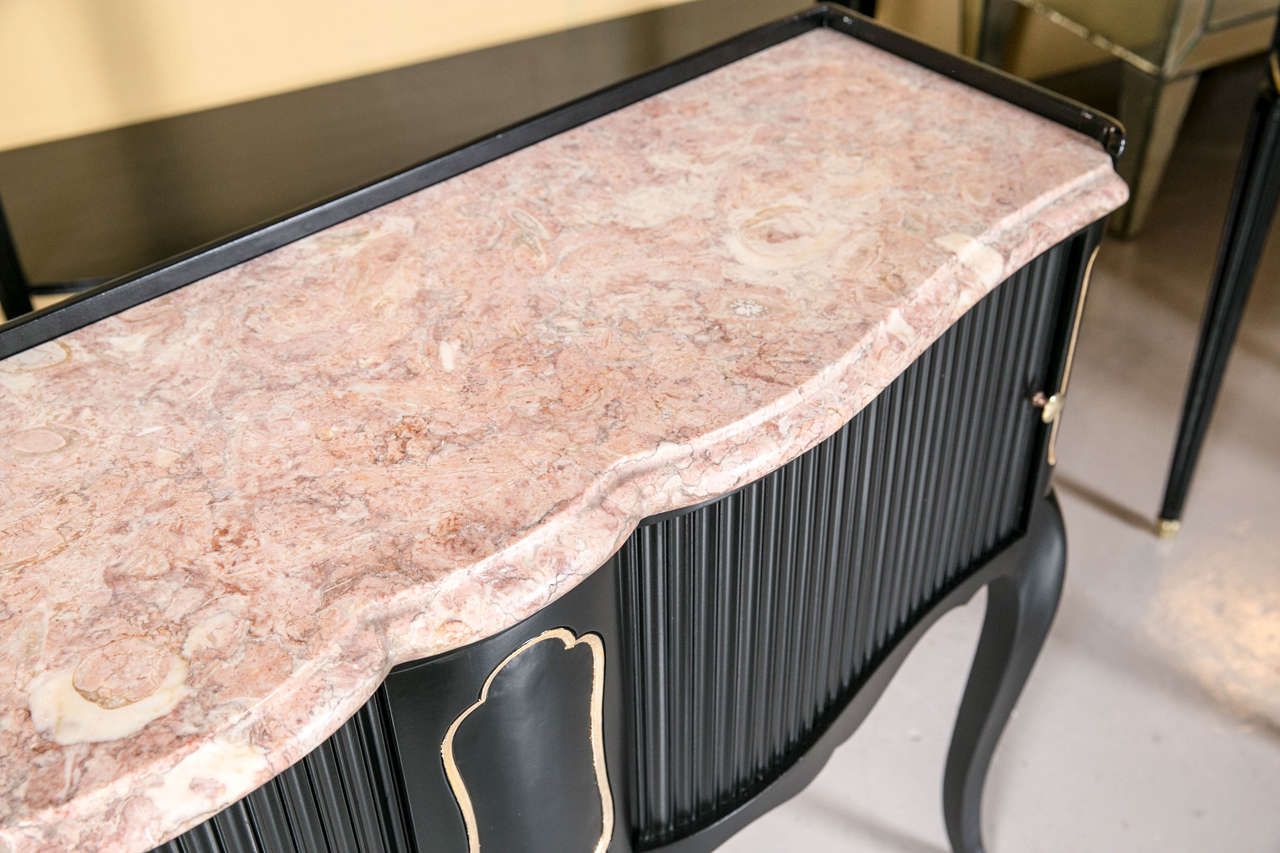 Hollywood Regency Ebonized Marble-Top Console Serving Table with Tambour Doors