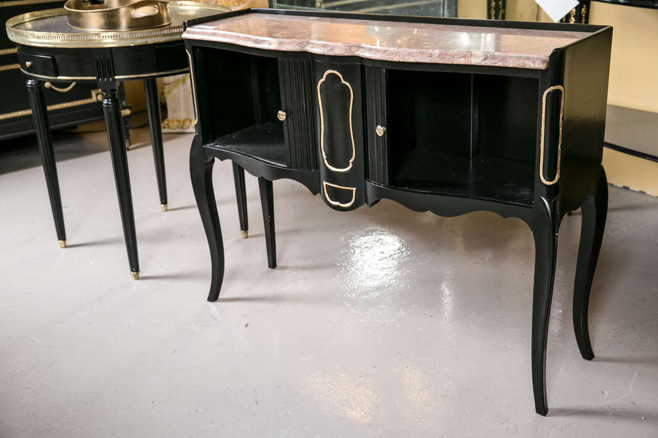 Ebonized Marble-Top Console Serving Table with Tambour Doors In Good Condition In Stamford, CT