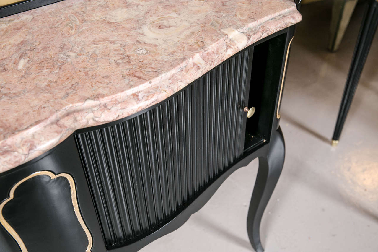 Mid-20th Century Ebonized Marble-Top Console Serving Table with Tambour Doors